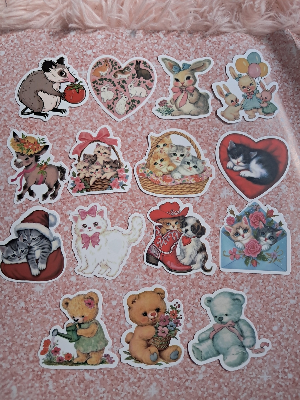 Vintage Kitty Bunny Bear 15 Sticker Set - Floral Gothic Retro Set
